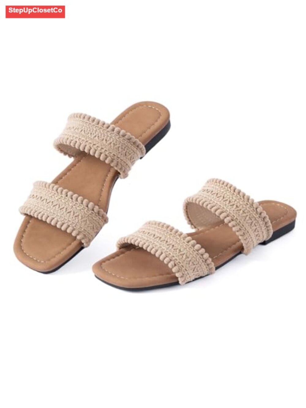 Braided Double Strap Flat Sandals Faux Leather Slide On Bohemian Dressy Casual